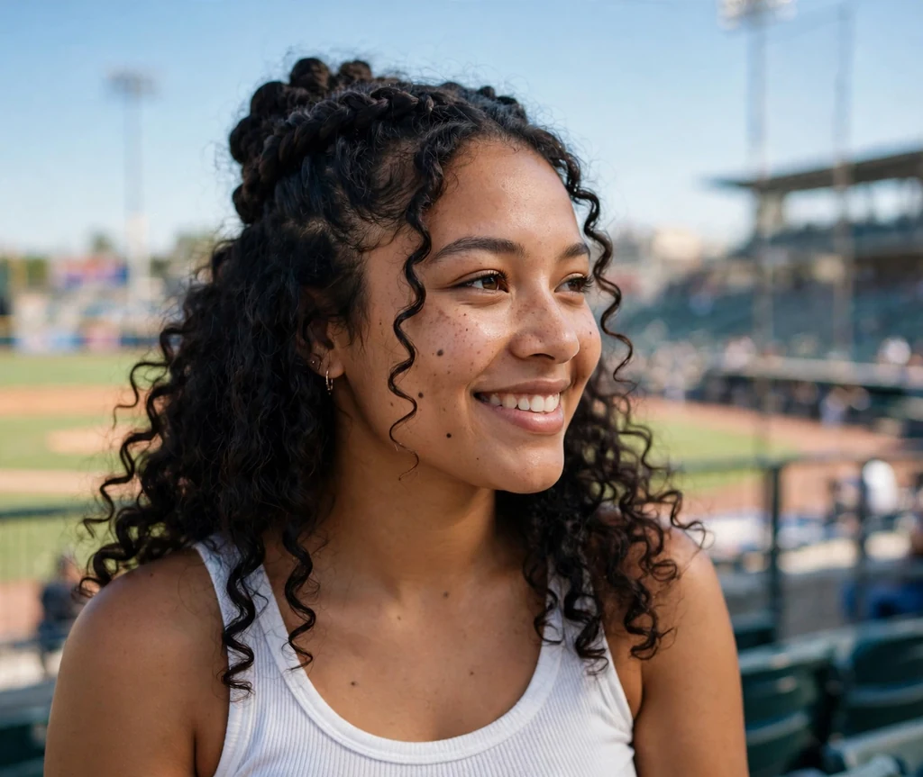 Young mixed-race woman with curly half-up hair and a twisted crown at a sunny ballpark