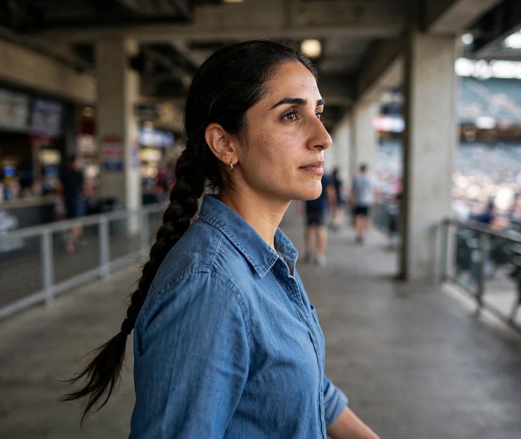 Middle Eastern woman with a long fishtail braid wearing a chambray shirt in a stadium concourse