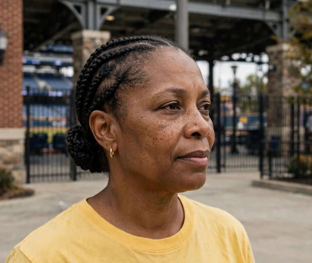 Black woman in her 50s with cornrows in a low bun wearing a yellow top at a stadium entrance