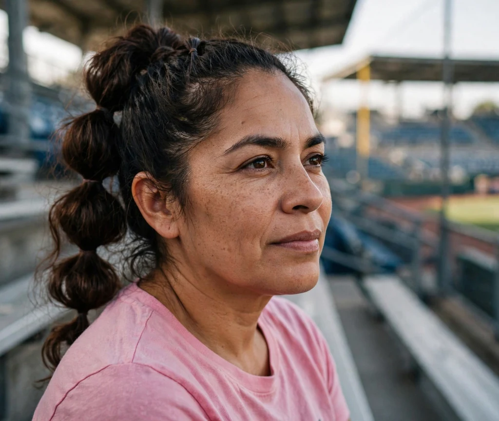 Latina woman in her 40s with a bubble braid ponytail in a pink t-shirt in the bleachers