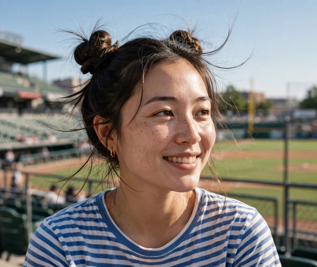 East Asian woman in her 20s with space buns wearing a striped tee at a ballpark