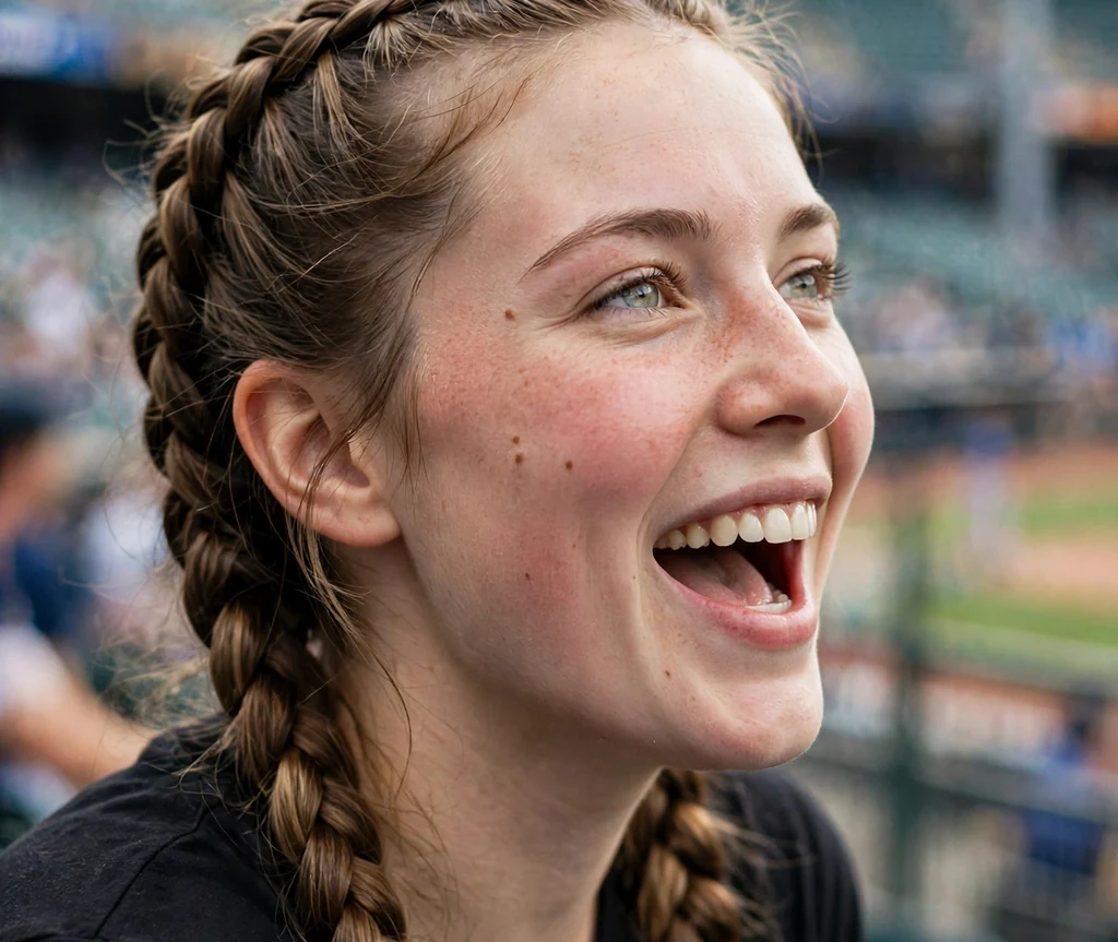 Young white woman with double Dutch braids in a black t-shirt cheering at a stadium