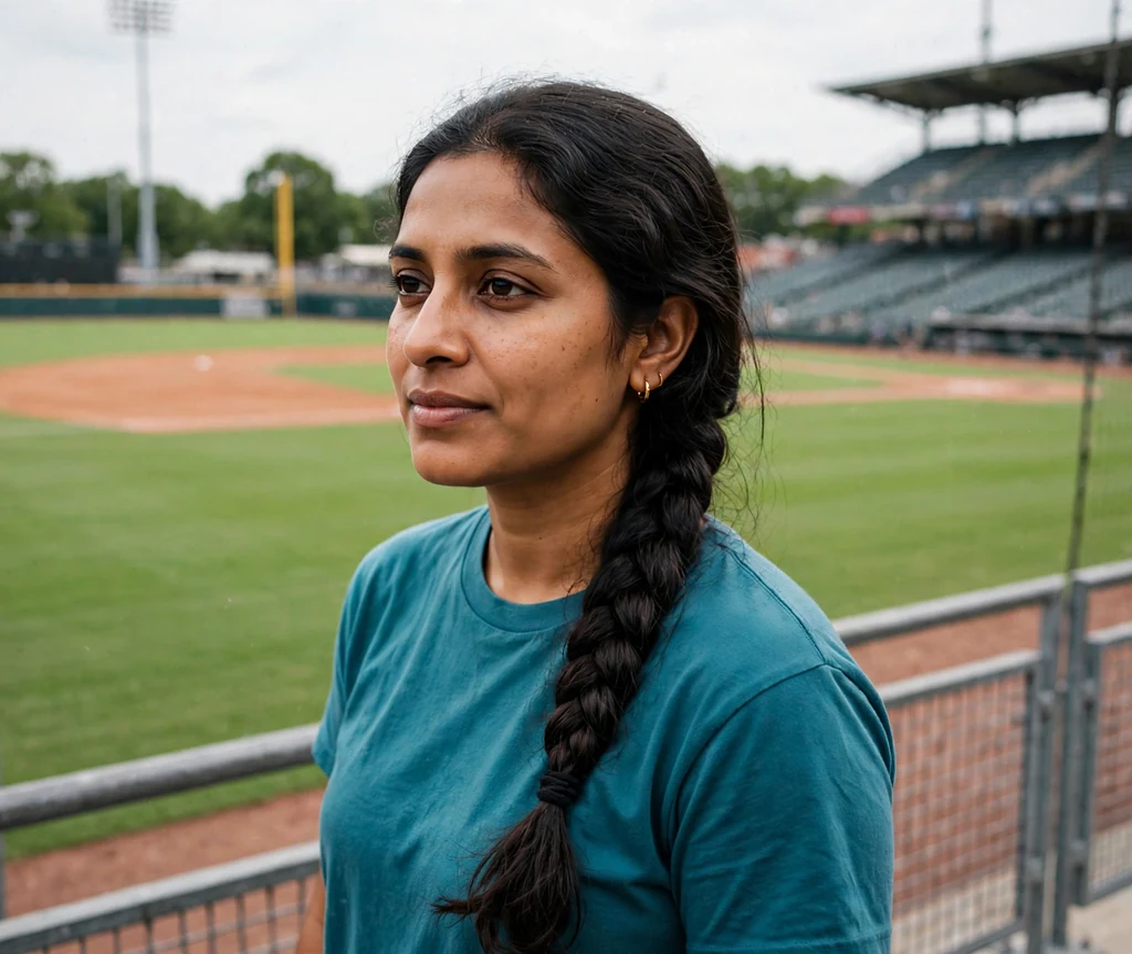 South Asian woman with a classic three-strand side braid in a teal tee at a ballpark