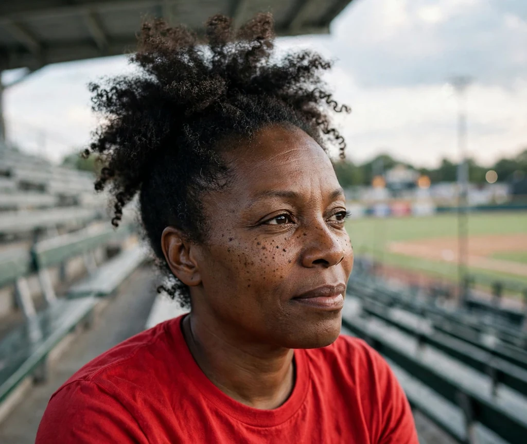 Black woman with a high curly puff wearing a red top in stadium bleachers