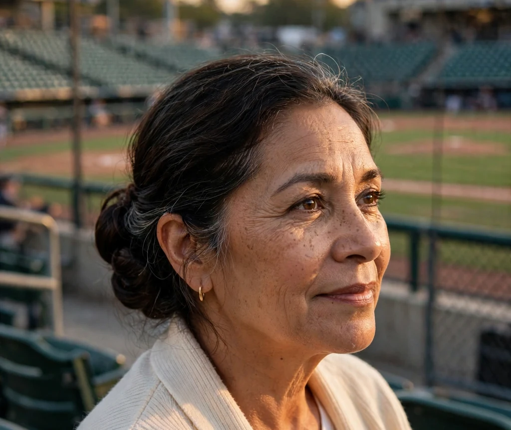 Latina woman in her 50s with a low chignon bun wearing a cream cardigan at a ballpark