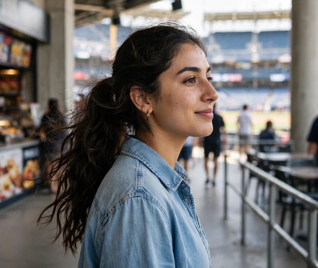 Middle Eastern woman in her 20s with a loose wavy ponytail in a denim shirt in a stadium concourse