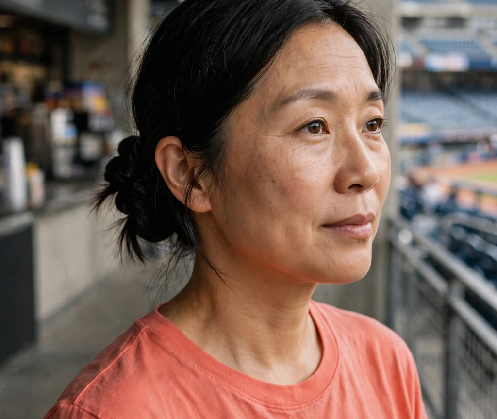 East Asian woman in her 40s with a twisted low bun in a coral tee in a stadium concourse