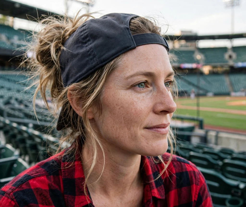 White woman in her 30s with a messy bun and backwards cap wearing a plaid shirt at a stadium