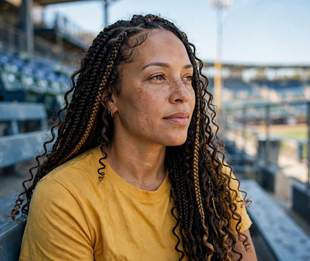 Mixed-race woman in her 30s with long goddess braids in a mustard top in the bleachers