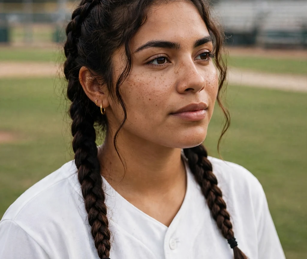 Latina woman in her 20s with twin braided pigtails in a white jersey near the outfield