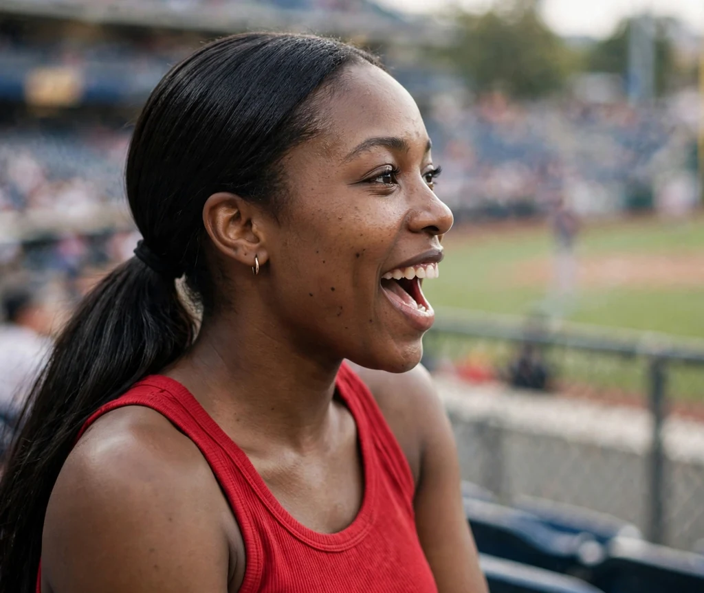 Black woman in her 20s with a sleek straight low ponytail in a red tank top at a stadium