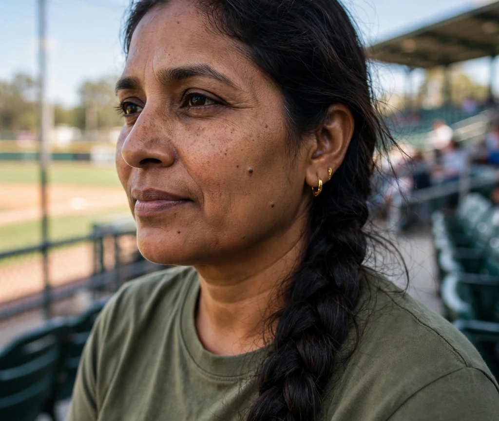 South Asian woman in her 40s with a long side fishtail braid in an olive tee at a ballpark