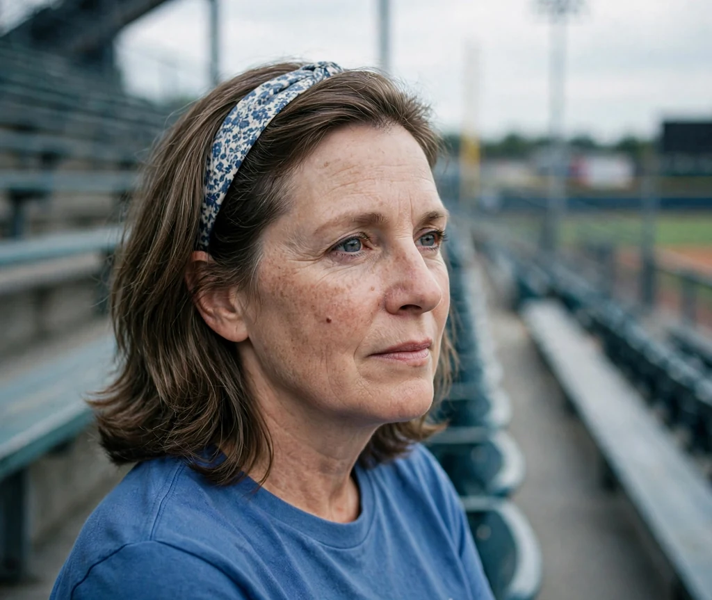White woman in her 50s with a layered lob and fabric headband in a blue tee in the bleachers