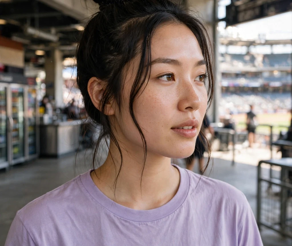 East Asian woman in her 20s with a high topknot in a lavender tee in a stadium concourse