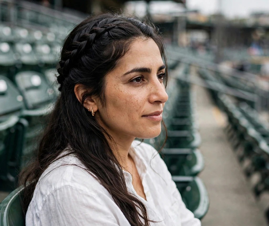 Middle Eastern woman in her 30s with a waterfall braid half-up style in a white blouse in stadium seats