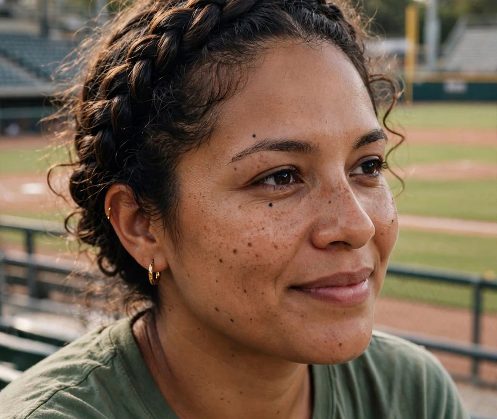 Latina woman in her 30s with a braided crown in a green tee at a ballpark