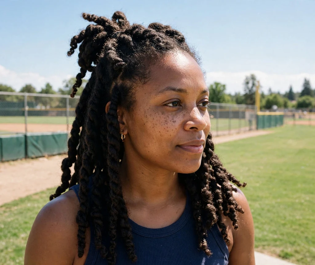 Black woman in her 30s with jumbo twists half-up in a navy tank top near the outfield