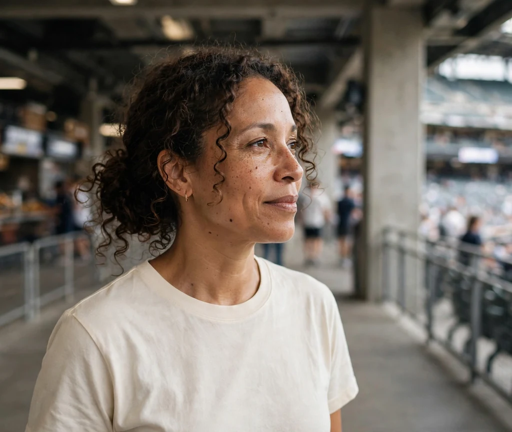 Mixed-race woman in her 40s with curly hair in a low bun in a cream tee in a stadium concourse
