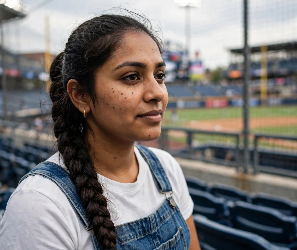 South Asian woman in her 20s with a rope braid ponytail in denim overalls at a stadium