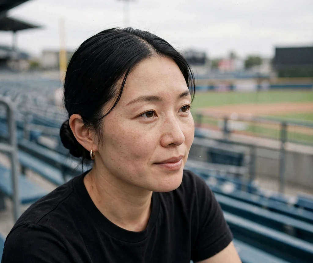 East Asian woman in her 30s with a sleek middle-part low bun in a black tee in the bleachers