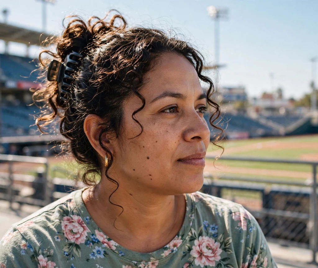 Latina woman in her 40s with a claw-clip twist in a floral tee at a ballpark