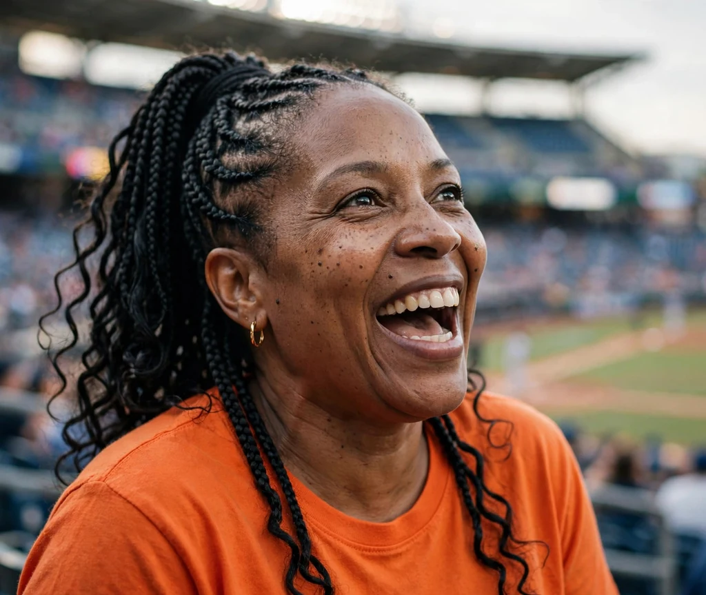 Black woman in her 40s with feed-in braids in a high ponytail in an orange top at a stadium