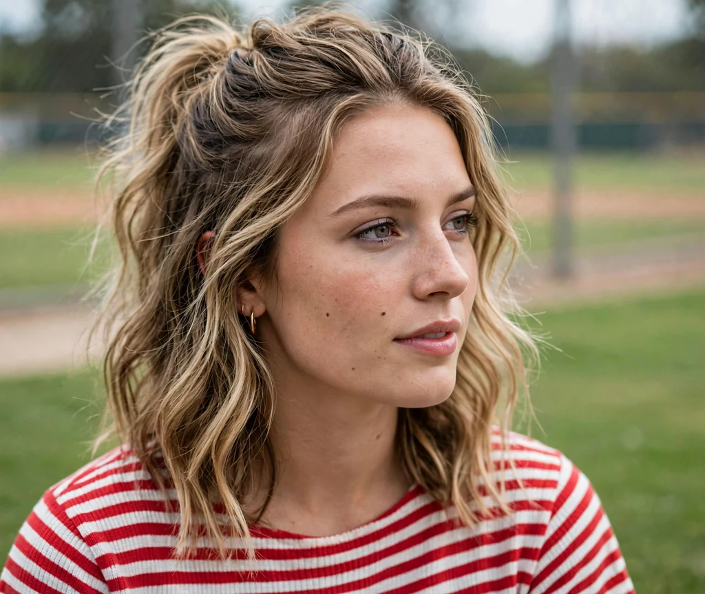 White woman in her 20s with beachy waves in a half-up style in a striped top near the outfield