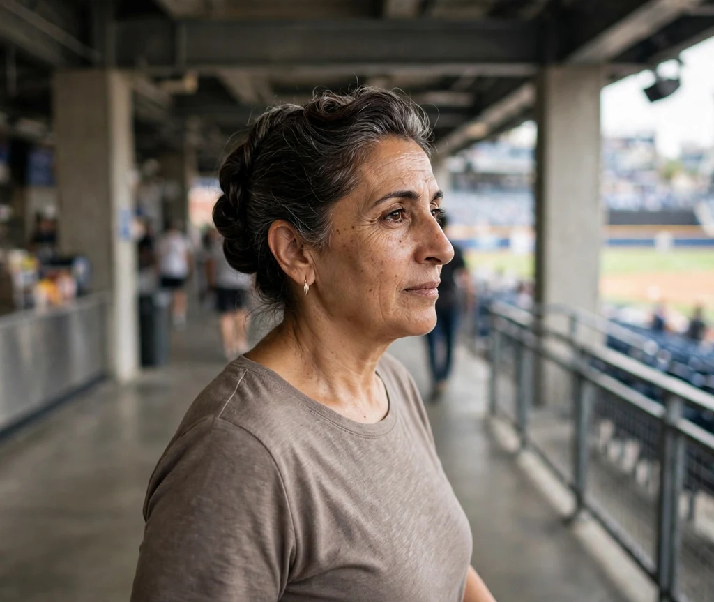 Middle Eastern woman in her 40s with a French twist updo in a taupe top in a stadium concourse