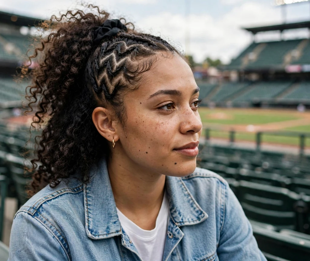 Mixed-race woman in her 20s with a zigzag-part high ponytail in a denim jacket in the bleachers