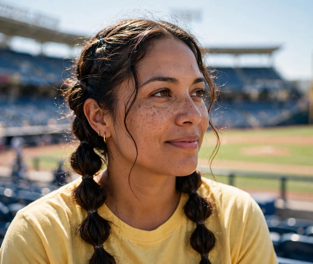 Latina woman in her 30s with low bubble braids in a yellow tee at a ballpark