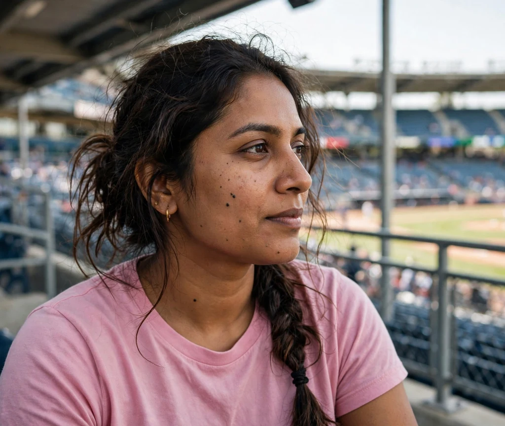 South Asian woman in her 30s with a messy side braid in a pink tee at a stadium