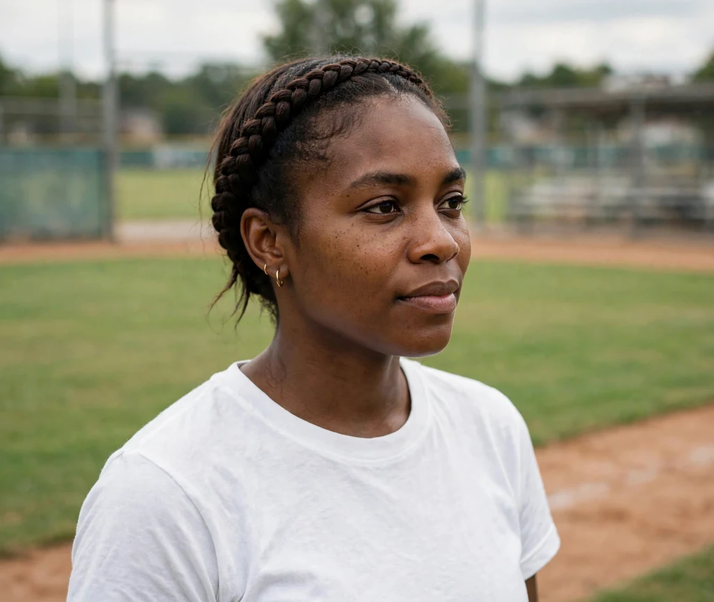 Black woman in her 30s with a halo braid in a white tee near the outfield grass