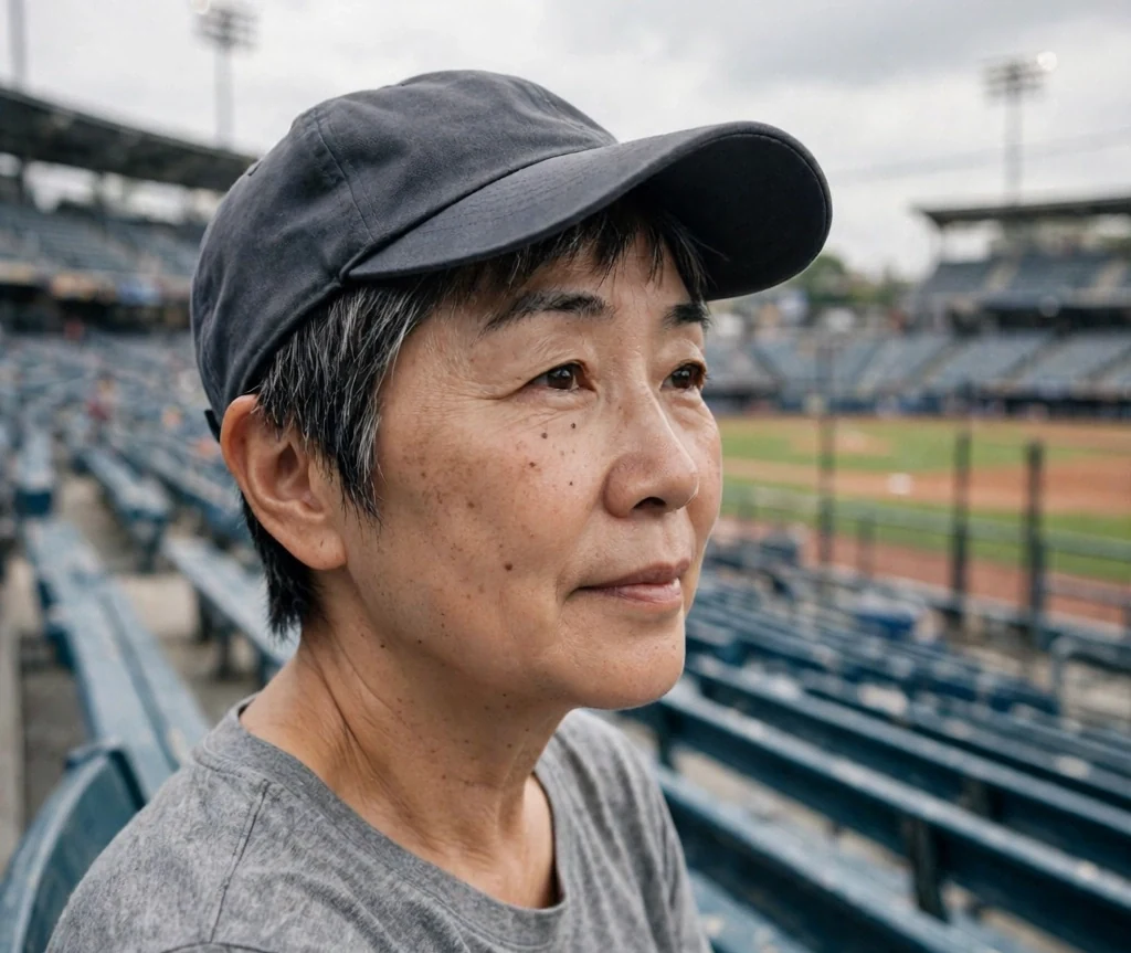 East Asian woman in her 50s with a pixie cut under a baseball cap in a gray top in the bleachers