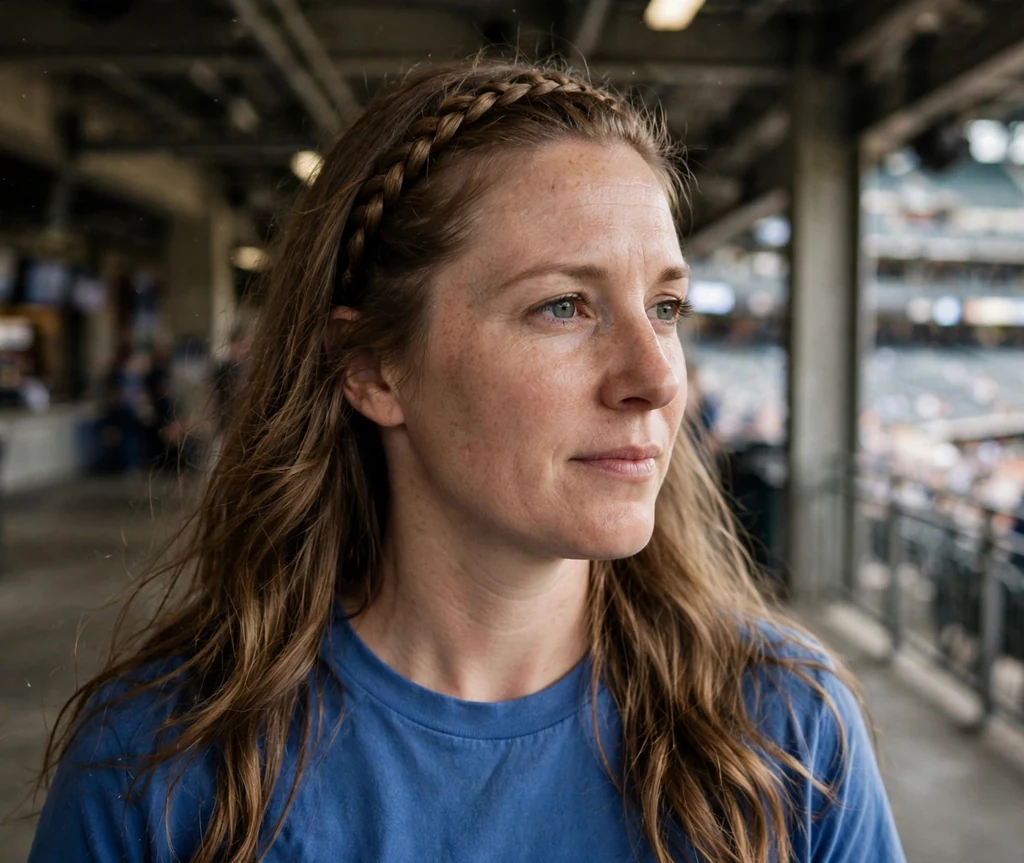 White woman in her 30s with a braided headband in a blue tee in a stadium concourse