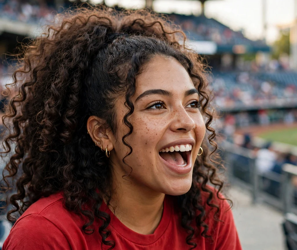 Latina woman in her 20s with voluminous curly hair in a high ponytail in a red tee at a stadium
