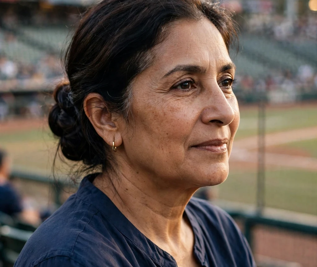 Middle Eastern woman in her 50s with an elegant low twisted bun in a navy blouse at a ballpark
