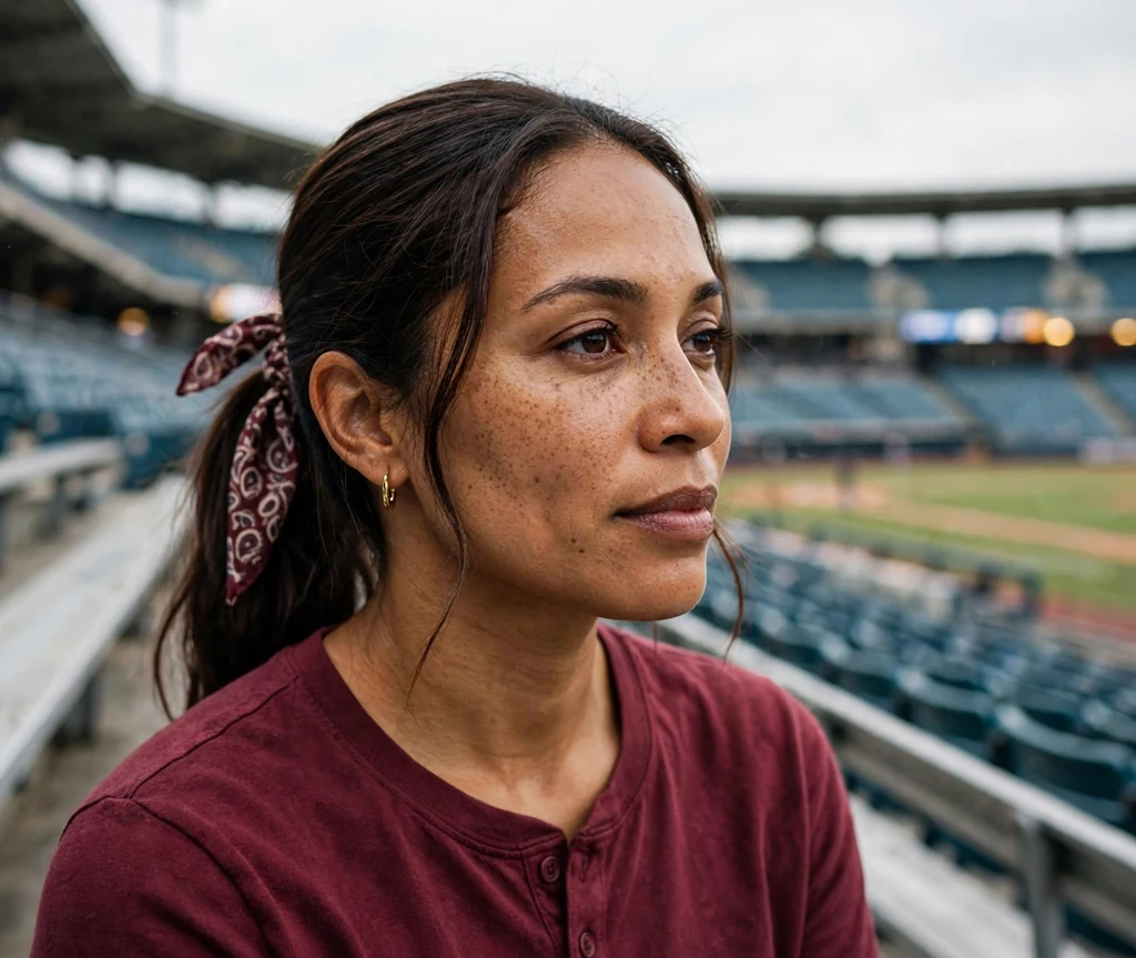 Mixed-race woman in her 30s with a scarf-tied low ponytail in a burgundy top in the bleachers
