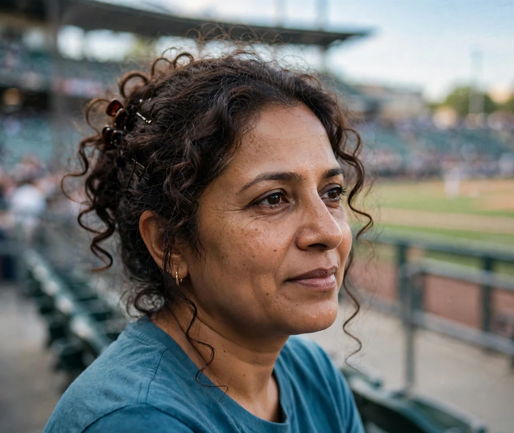 South Asian woman in her 40s with pinned-up curls in a teal top at a stadium
