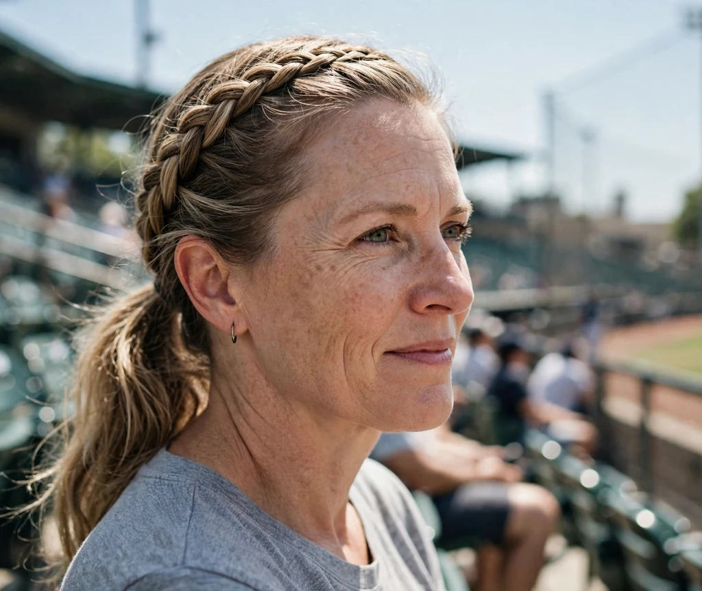 White woman in her 40s with a crown braid flowing into a low ponytail in a gray tee at a ballpark