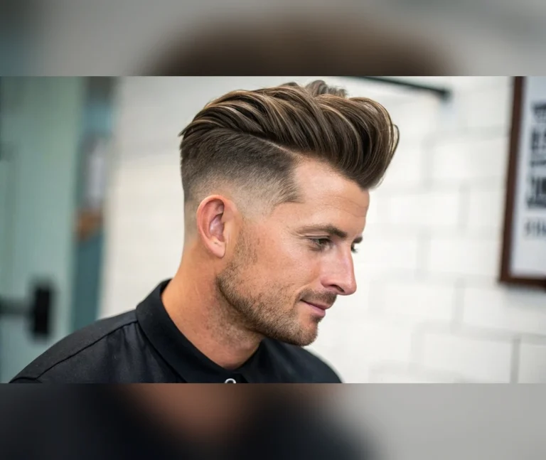 Best short haircuts for men - short pompadour with a clean fade on a smiling man