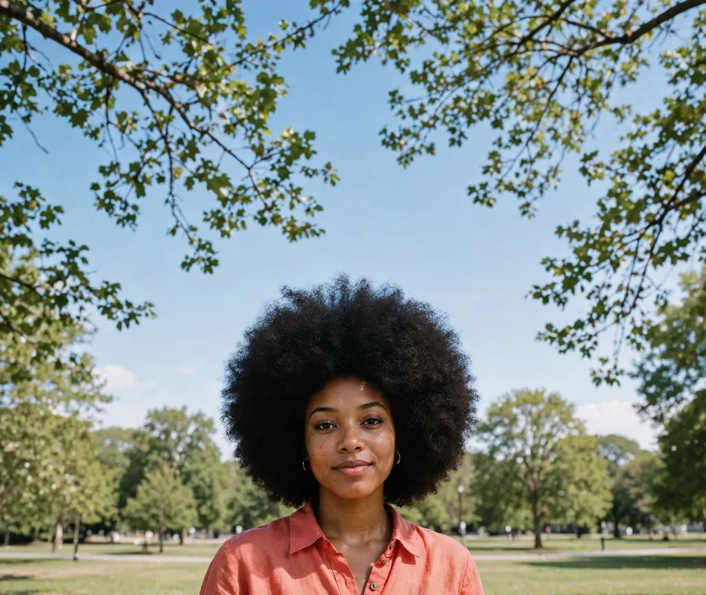 Classic big round afro hairstyle on a Black woman in her twenties