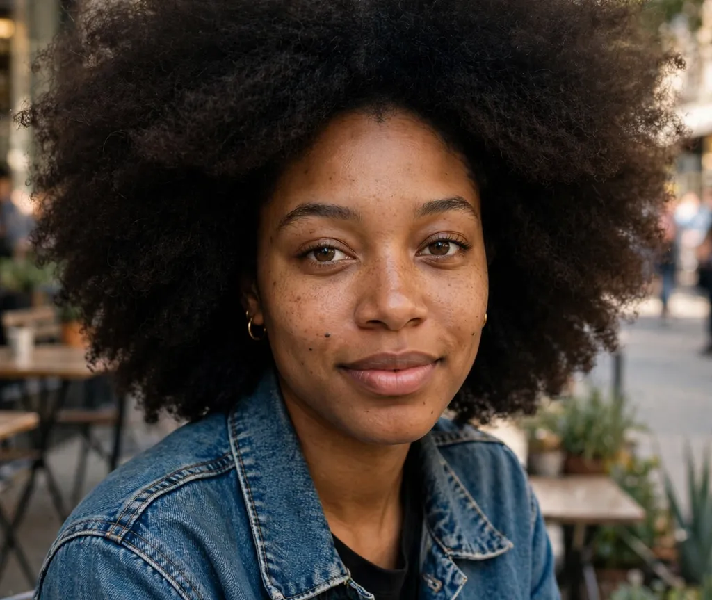 Stretched big afro hairstyle showing length on a Black woman