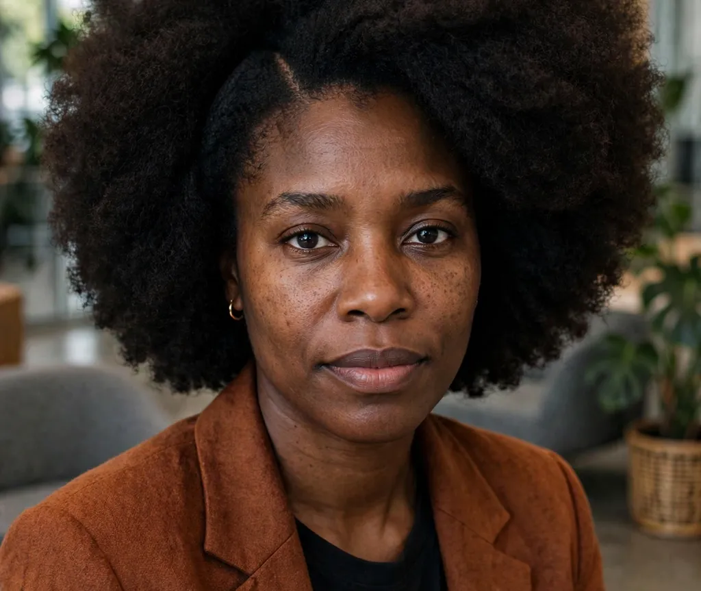 Big afro hairstyle with a deep side part on a Black woman