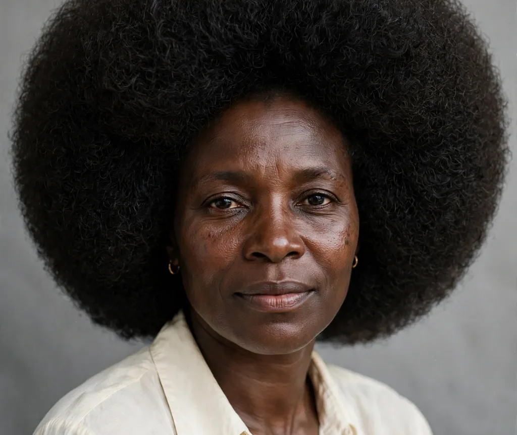 Perfectly rounded halo shaped big afro on a Black woman
