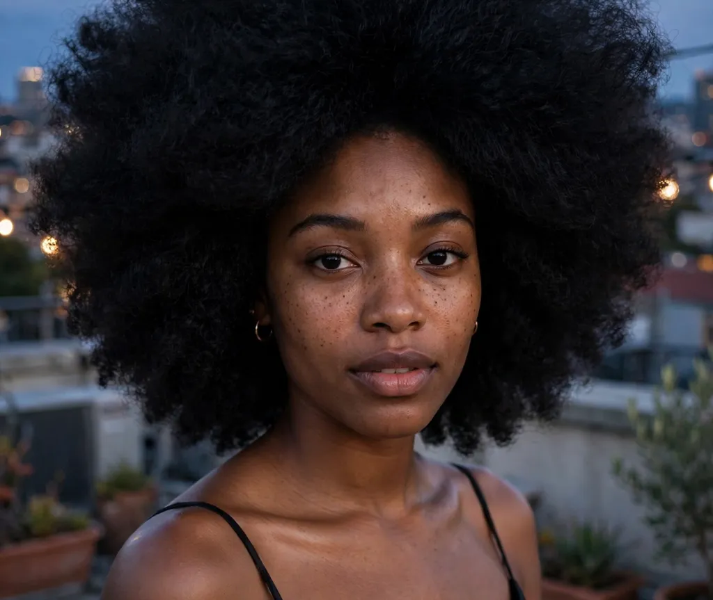 Jet black high shine big afro hairstyle on a Black woman
