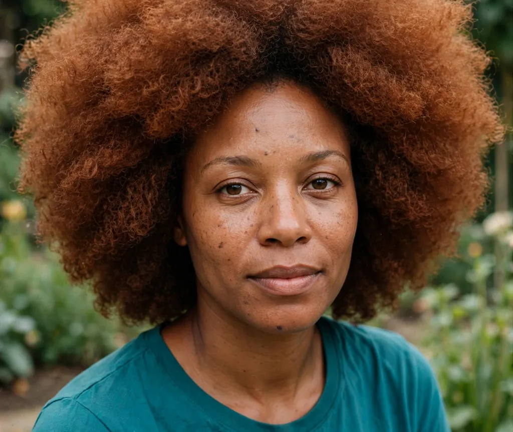 Auburn colored big afro hairstyle on a Black woman