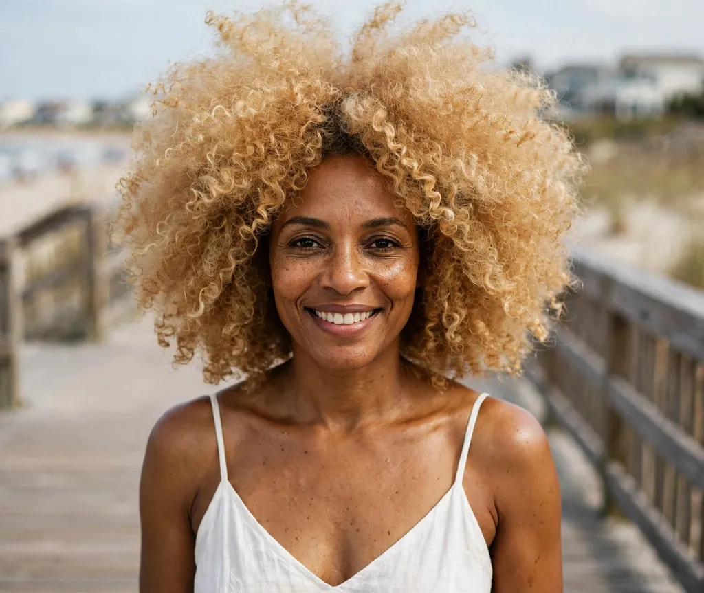 Honey blonde big afro hairstyle on a Black woman