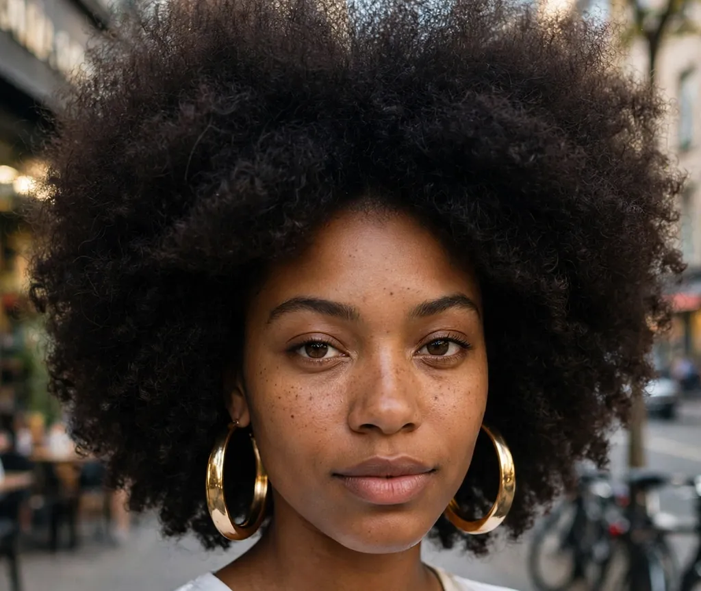 Big afro hairstyle paired with statement gold hoop earrings