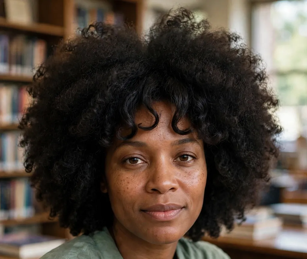 Big afro hairstyle with soft curled bangs on a Black woman