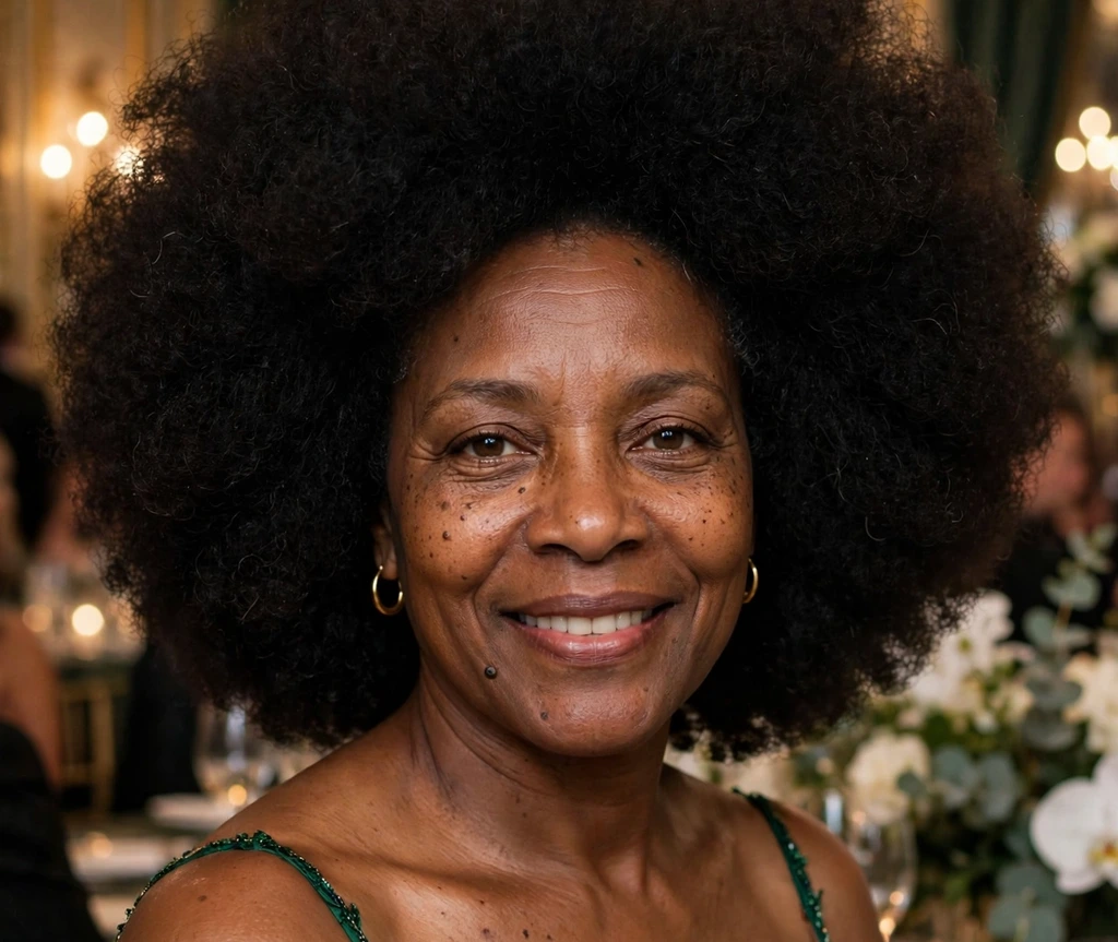 Formal gala big afro hairstyle on a Black woman in an evening gown